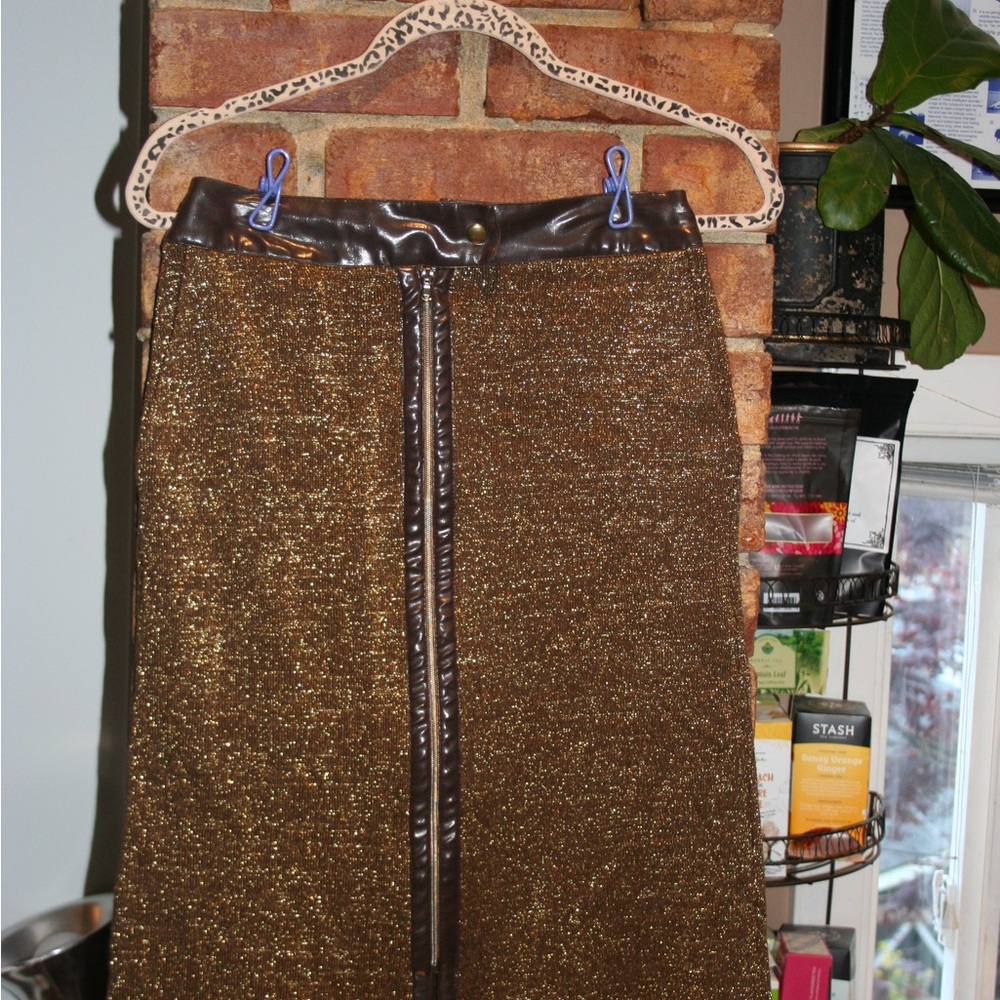 70s Casting Fashion Pencil Skirt with Brown Latex Trim, Zipper & Gold Shimmer